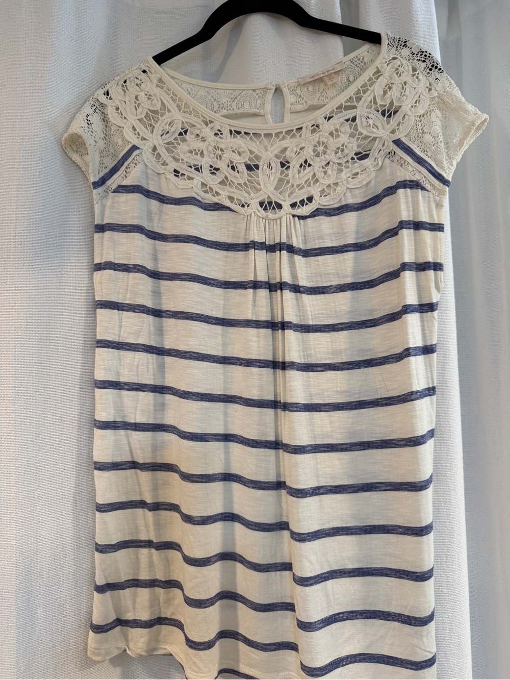 Cream and Blue Striped Lace-Yoke shirt